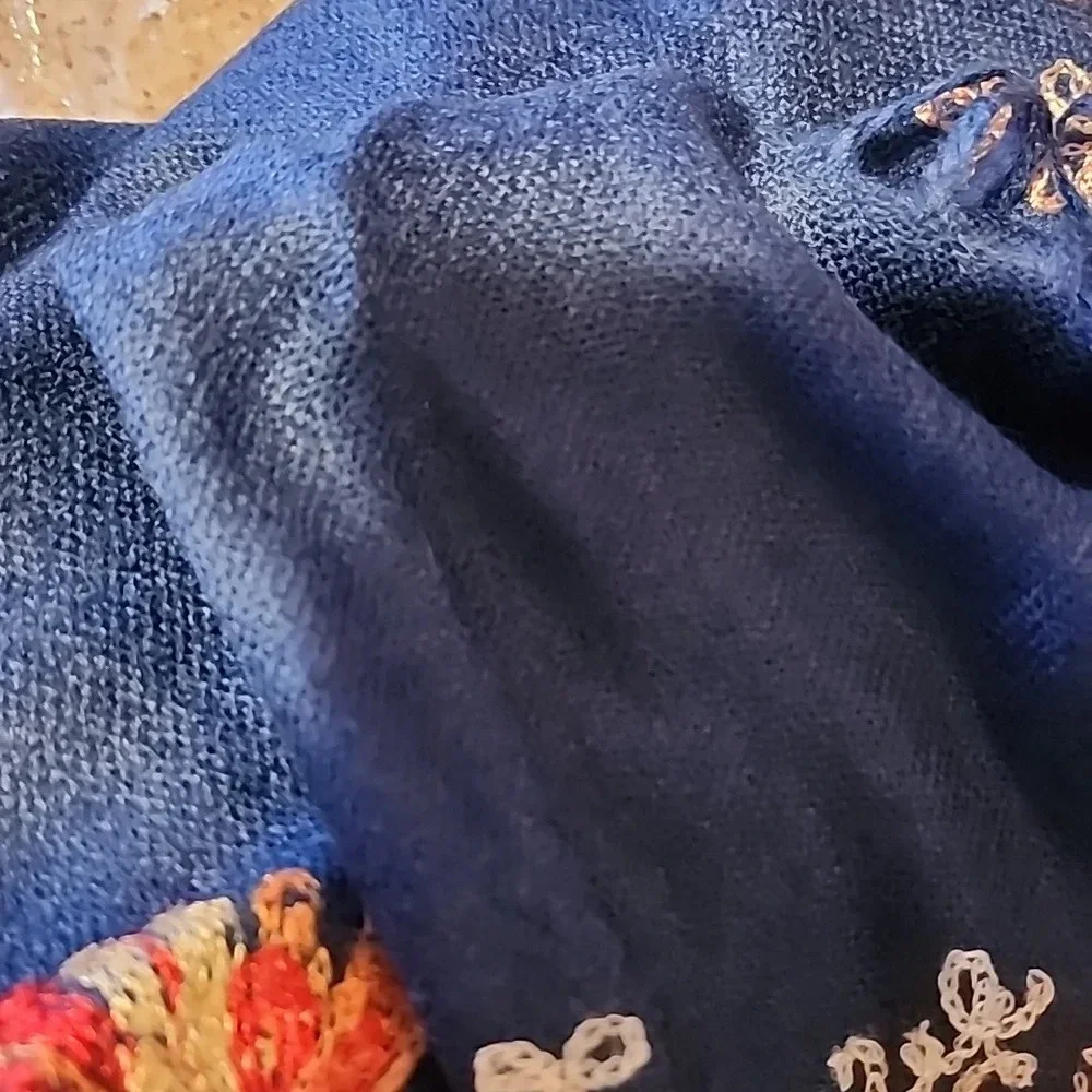 New Unbranded Navy Blue Embroidered Floral Fringe Shawl Wrap Scarf